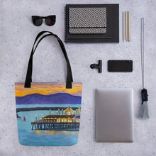 Load image into Gallery viewer, Fine Art Tote Bag, &quot;Redondo Beach Pier at Sunset&quot;, from original artwork by Esperanza Deese
